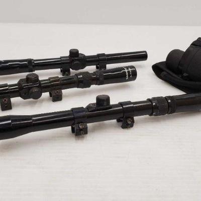 1065: 3 Tasco Scopes and Tasco Binoculars
Scopes marked- 4X15, 3-7X20 and unknown markings
