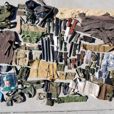 7131: Assorted Military Gear Including Pouches, Belts and More
Knife sheaths , pouches, belts, head gear.