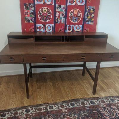 Mid- Century Desk, no name-- purchased at a Dannish furniture store. Dimensions (in inches) are 63.5w x 29.5d x 34h (at highest point,...