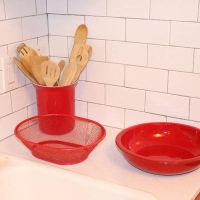 Red basket $4, red bowl $4 and red utensil holder with utensils $10