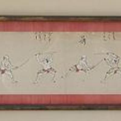HKT106 Framed Antique Japanese Sword Fighting Techniques Scroll