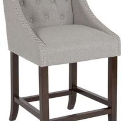 Carmel Series Flash Furniture 24 High Transitional Tufted Walnut Counter Height Stool with Accent Nail Trim in Light Gray Fabric