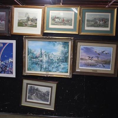 A19	#127 Wall of Artwork- 12 Pieces- 5 Hunt scene prints, Marty Bell Giclee, 6 Prints