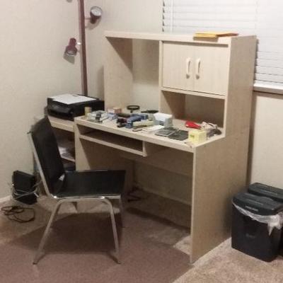 Computer desk, chair, filing cabinet, shredders, office supplies