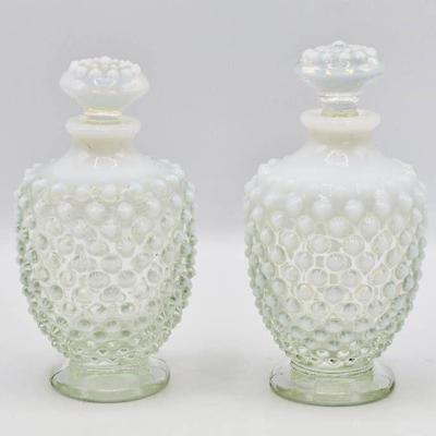 2 Fenton White Hobnail Art Glass Vanity PERFUME BOTTLE w Stopper