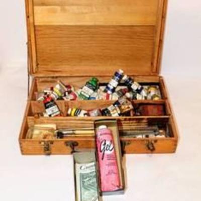 Antique Painters Box with Assorted Vintage Acrylic Tubes and more...