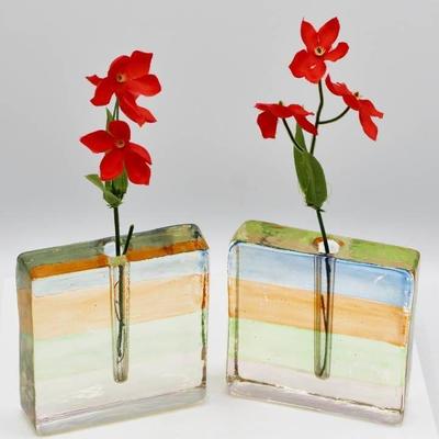 Art Glass Block Bud Vase x 2 Vintage