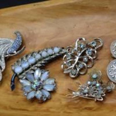 5 Piece Lot Rhinestone Jewelry - Including Beautiful Rhinestone Peacock Brooch Pin