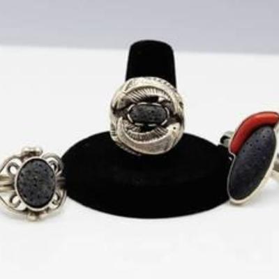 3 Silver Rings with Black Coral