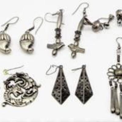 7 Pairs of Silver Earrings - Dragons, Flowers, Birds, Chinese Coins and more