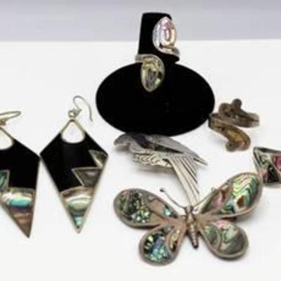 .925 Sterling Silver and Abalone Jewelry - 3 Rings, 2 Brooches Pins, 1 pair Earrings - Taxco