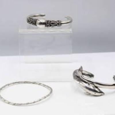 3 Silver Bracelets - Dolphin Cuff, Silver Cuff and Silver Bangle