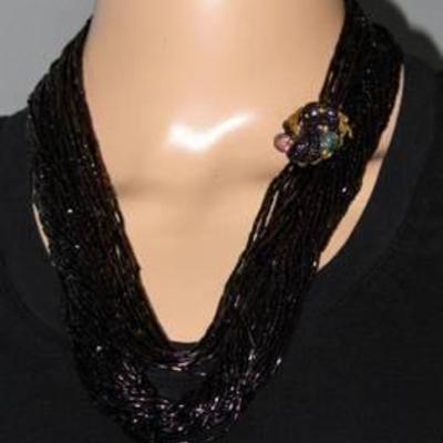 2 Separate Strands of  Iridescent Deep Purple Necklaces and Coordinating Jeweled Bracelet and Clip jewelry