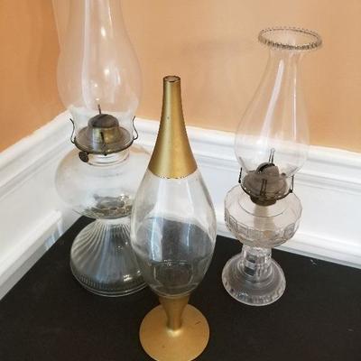 Lot # 16 - $25 Two Oil Lamps & One Mid Century Bottle  