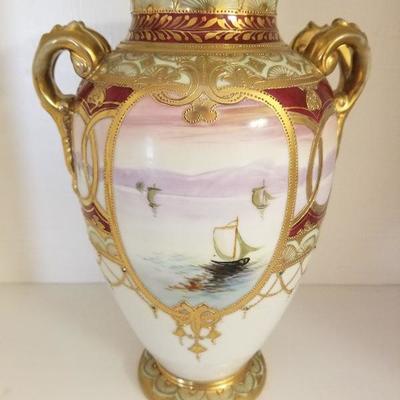 Lot # 51 - $60 Nippon Vase with Sail Ship (Please look at the following pic of top of vase) This is back of vase.