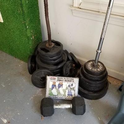 Lot # 245 - $ 245 - Weights - 27 pieces & Two Bar Bells, Box of ankle weights 