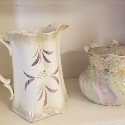 Lot # 52 - $40 Pitcher and Bowl with lid. Pitcher Label is The Semivitreous Porcelain Wellsville USA