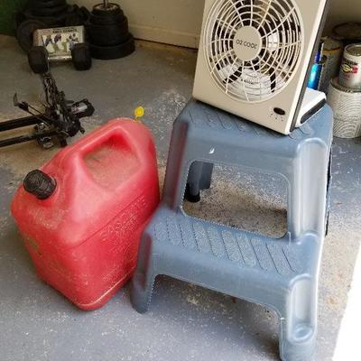 Lot # 255 - $15 Three Items Gas Container, Step ladder and small fan. 