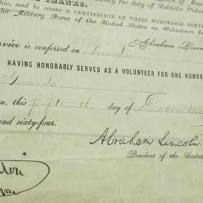 Lot # 154 - Close Up of Civil War Archive, Volunteer Service, Signed by Abraham Lincoln 