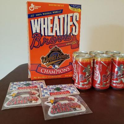 Lot # 187 - $25 Wheaties Braves Cereal Box 6 pack can coke Braves 1991 National League & 2 Braves Patches  
