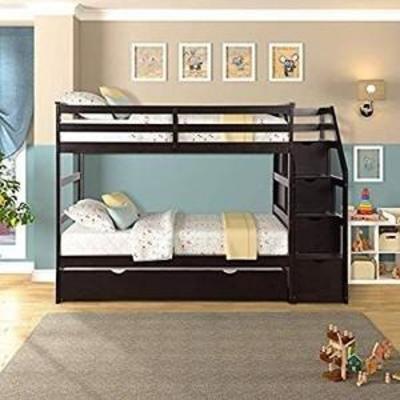 ALI VIRGO Solid Wood, Hardwood Twin Over Two Bunk Bed Frame with Staircase and 4 Storage Drawers, Natural Finish, White