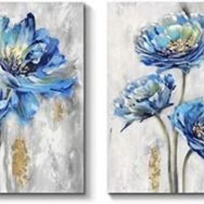 Blue Flower Canvas Wall Art Bloom Artwork Floral Painting Print on Canvas for Bedroom Living Room (24'' x 18'' x 2 Panels)
