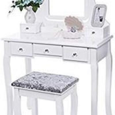 Bewishome Vanity Set With Mirrow & Cushioned Stool Dressing Table Vanity Makeup Table 5 Drawers 2 Dividers Movable Organizers White FST01W