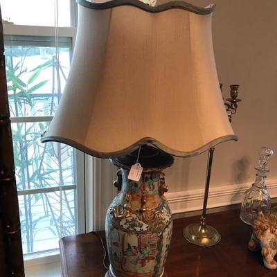 Chinese Famille Rose Baluster Vase circa 1880 turned into a lamp with silk shade $800
2 available