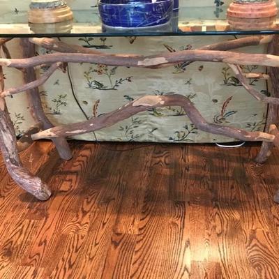 Custom birch glass top table $650
