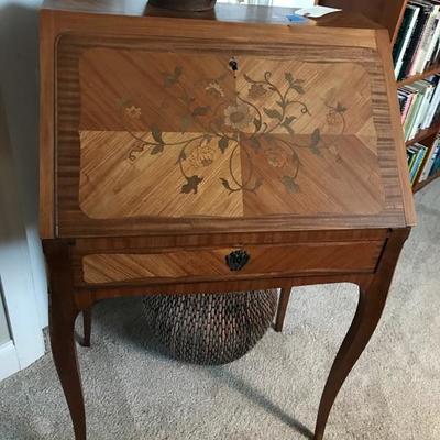 Modern marquetry and cross banded ladies' desk $145
