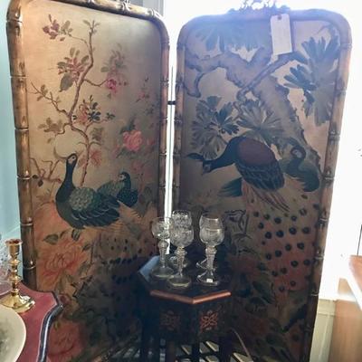 Modern Chinese style two panel screen with painted peacocks $450
