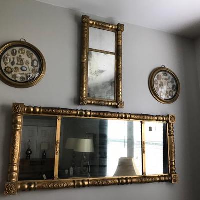 Top gold mirror: $125 SOLD
Bottom gold mirror $195
Assemblage of jays, cameos and medallions in round eglomise frame $90 SOLD
2 available
