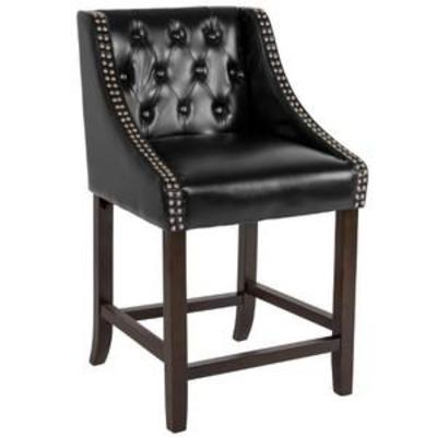 Carmel Series Flash Furniture 24 High Transitional Tufted Walnut Counter Height Stool with Accent Nail Trim in Black Leather