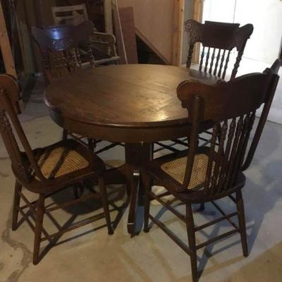Vintage Wood Pedestal Table and 4 Chairs