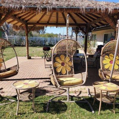10006: 3 Wicker Hammock Chairs with 2 End Tables
Chairs measure 40