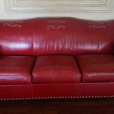 7000: Red Leather Couch and Arm Chair with Ottoman
Couch measures approx 95