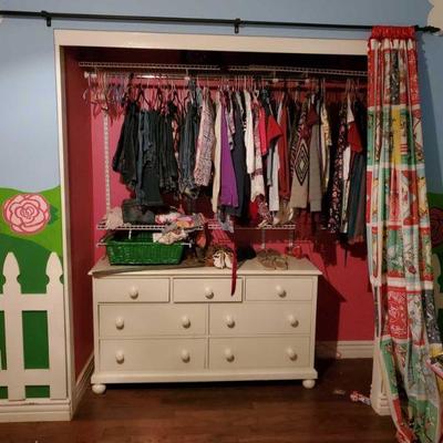 9515: Girls Clothes, Bedding, Bushnell Telescope, Girl Shoes, Dresser and more!
Includes curtain and dresser measures approx...