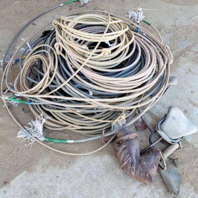 3509: Assorted Rope, 3 Hay Hooks, and Metal Horse Fence Post Topper
Assorted Rope, 3 Hay Hooks, and Metal Horse Fence Post Topper
