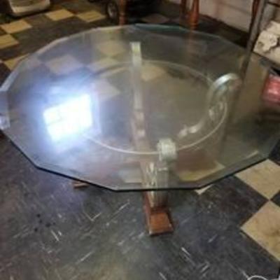 GlassTop Coffee Table with Wrought Iron and Wooden Base