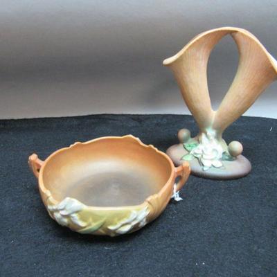Roseville Pottery bowl and double vase