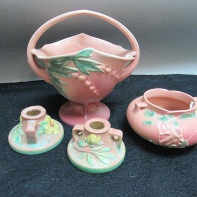 Roseville Pottery bowls, candle holders and vase