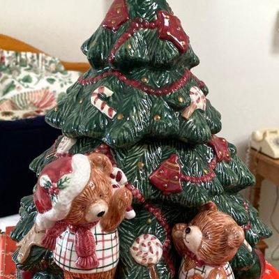 Fitz & Floyd Plaid Teddy Christmas Tree Centerpiece Cookie Jar