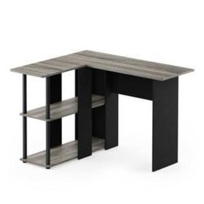 Furinno Abbott L-Shape Desk with Bookshelf, French Oak GreyBlack