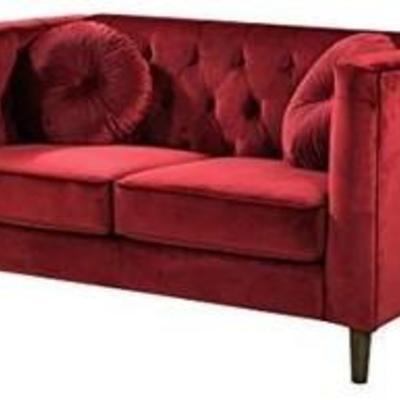 Container Furniture Direct Kitts Velvet Upholstered Modern Chesterfield Loveseat, Red
