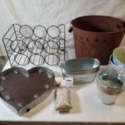Lot of Metal Decor, Flower and Garden Tins, Wine Rack, Heart Light and More