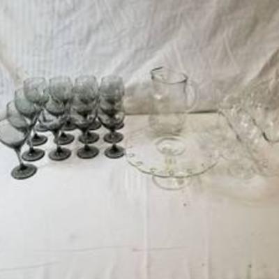 Lot of Glassware, Cake Stand, Water Pitcher and Wine Glasses