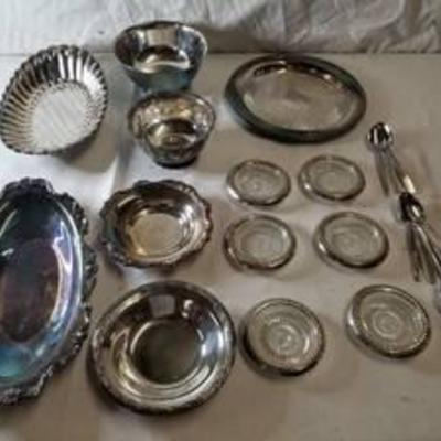 Lot Of Silver Plated Dishwear , Plates , Platters , Ashtrays, Serrated Spoons and Bowls