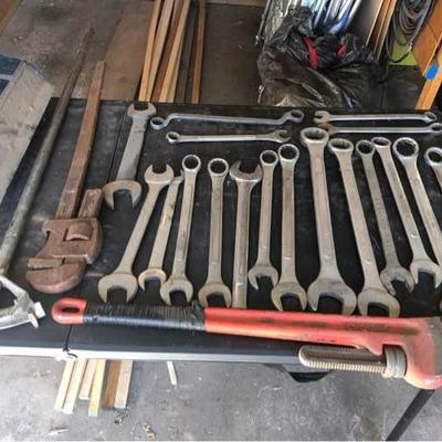 Lot of Heavy Duty Wrenches and Two Pipe Wrenches