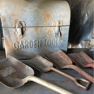 Wooden Truck, Metal Garden Tools Box, and Old Shovel