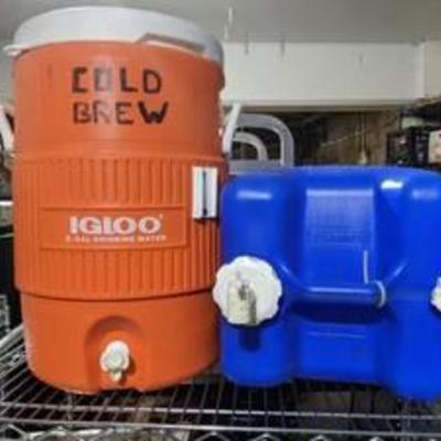 #(2) Beverage Dispensers, (1) Five Gallon Igloo Dispenser, (1) Reliance 22 Liter Aqua-Tainer